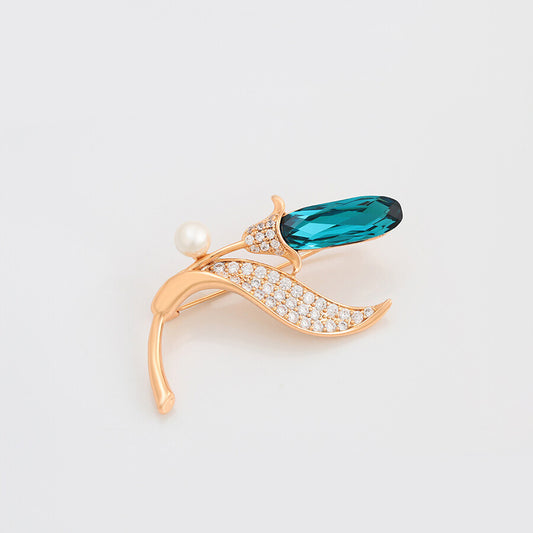 18k gold-plated brooch in the shape of tulip with blue crystal - beautiquepoint.com