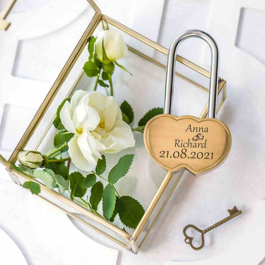 Engraved Wedding Lock with glass box and white rose underneath