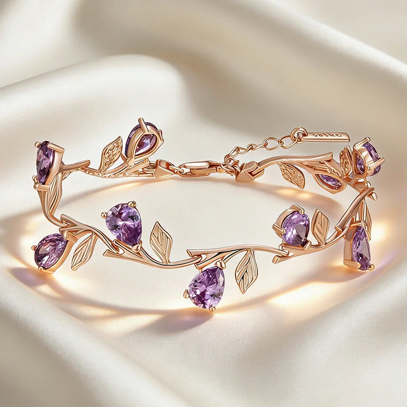 Detailed view of rose gold petal bracelet with purple zircon sparkle