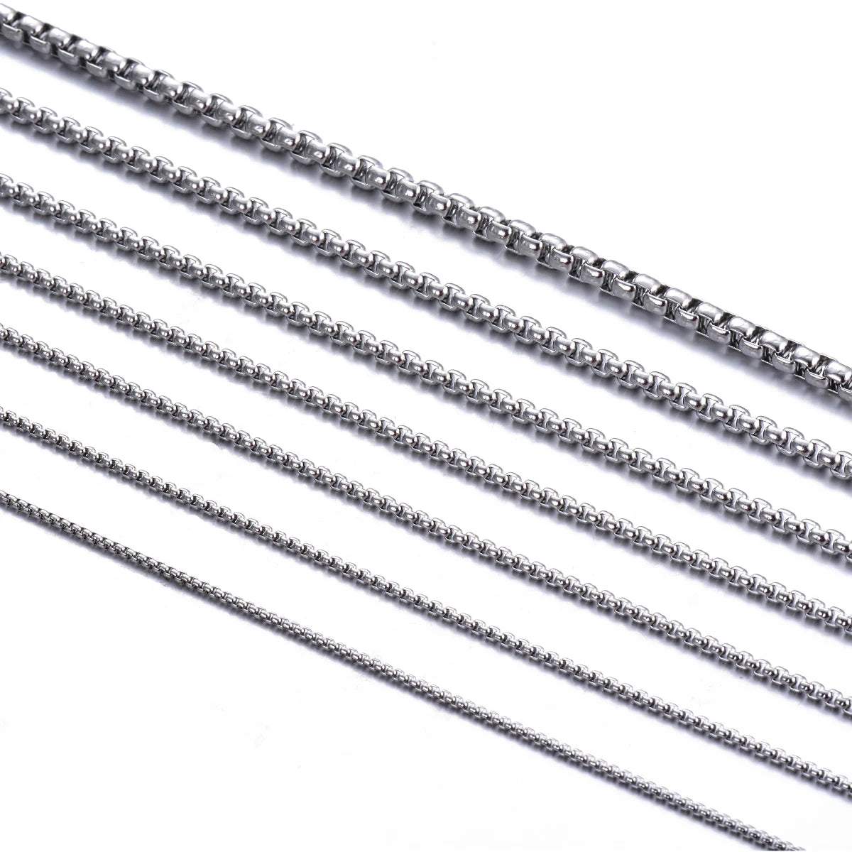 Close-up comparison of stainless steel chain widths