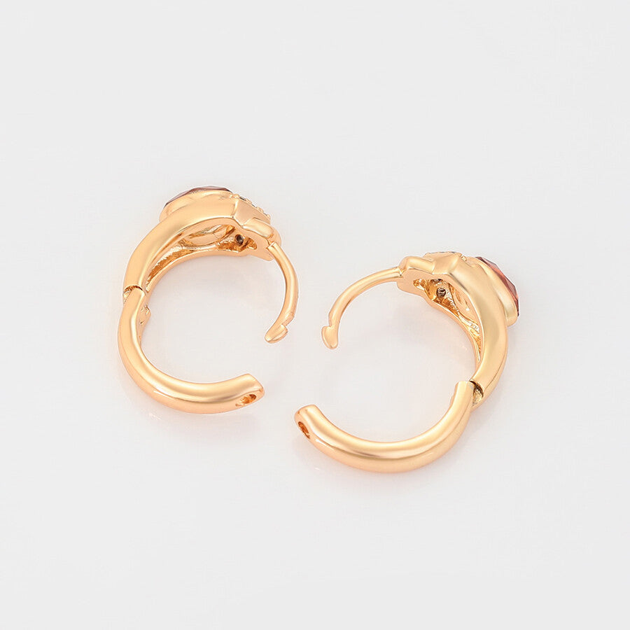 opened 18k Gold-Plated huggie earrings with crystals and brown gemstone - view from above -beautiquepoint.com