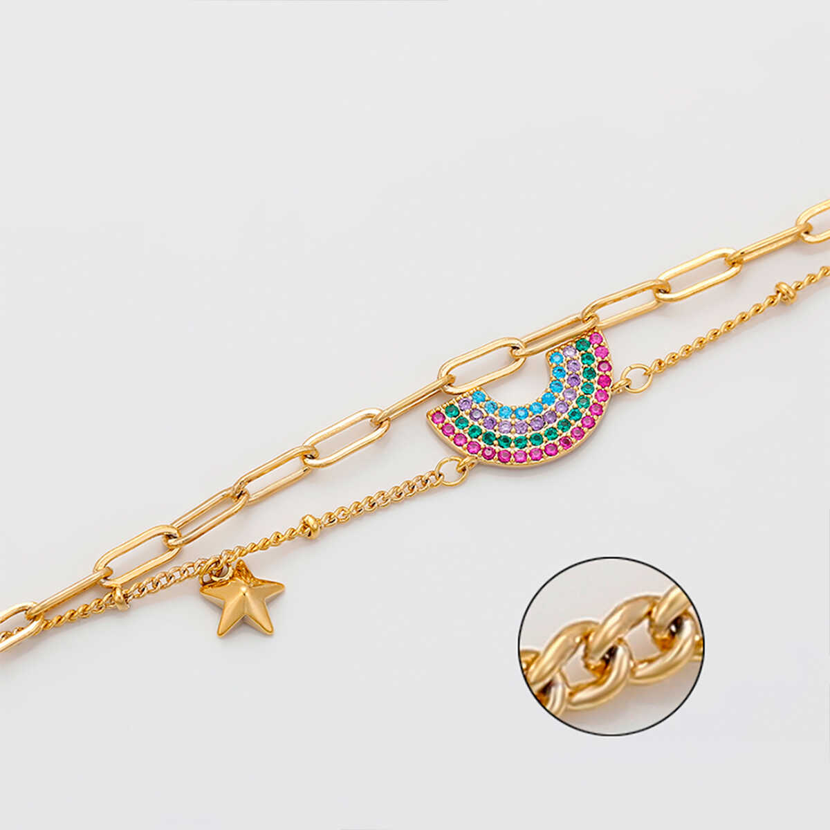 zoomed Designer 14k gold color bracelet for women with start and rainbow shpae symbols on the white background - beautiquepoint.com